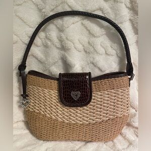 Brighton Savannah Straw Shoulder Bag Dark Brown Leather Trim and Braided  Strap